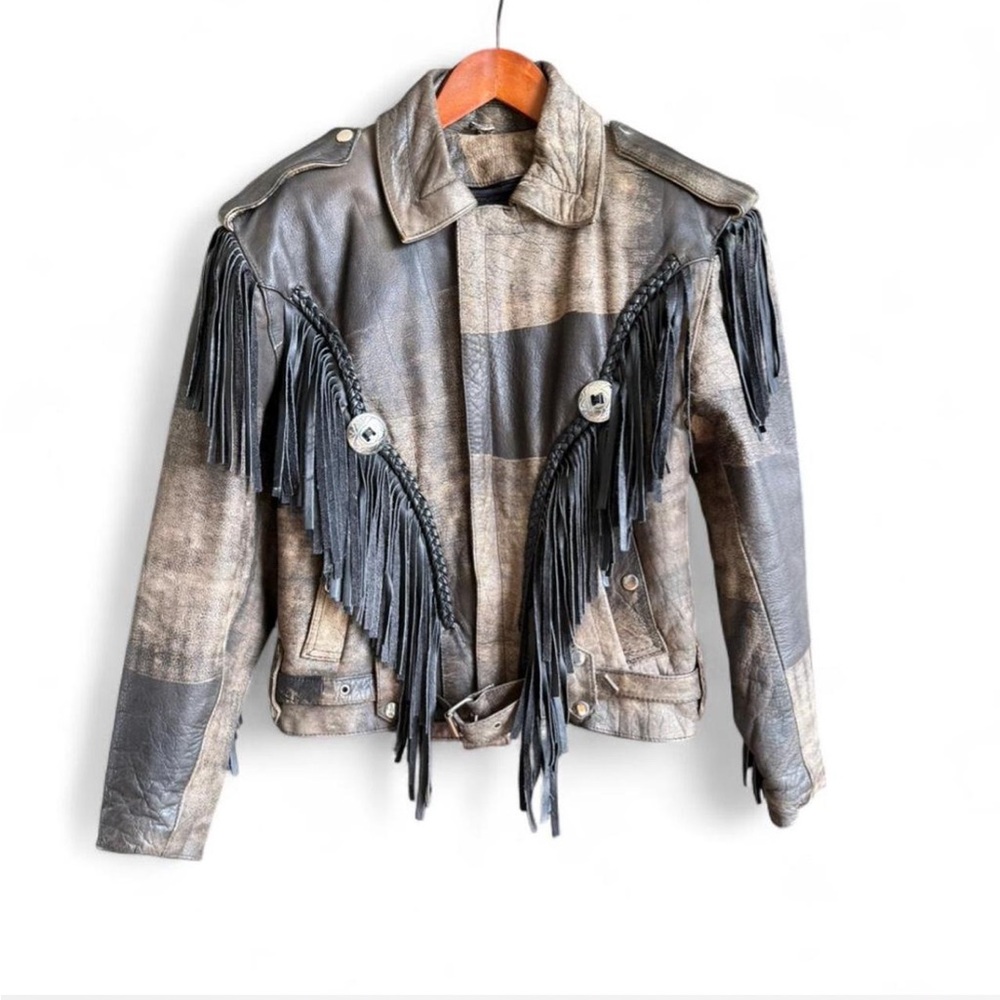 Vtg Pro Rider Brown Distressed Fringed Motorcycle Leather Jacket Size 34 Biker S
